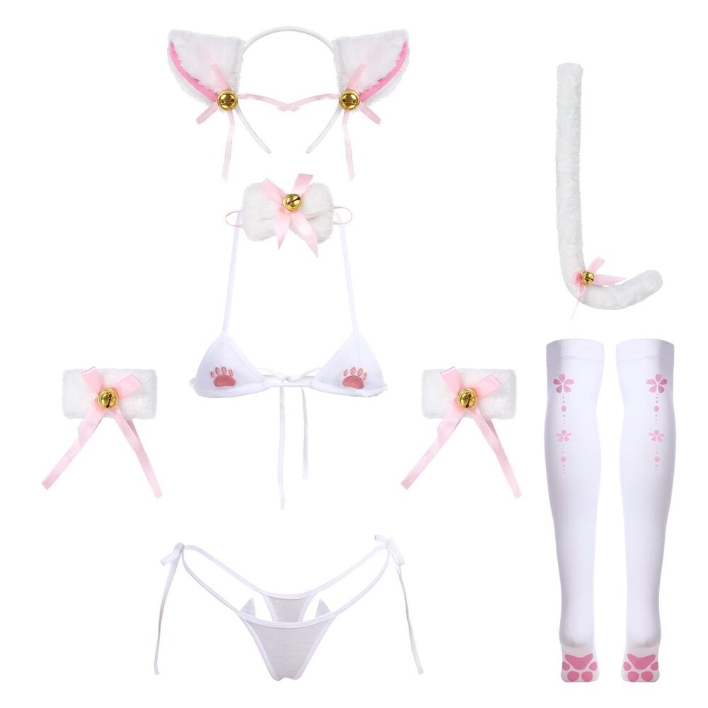4247 Cute Anime Kawaii Cat Kitten Cosplay Strappy Lingerie Halter Micro